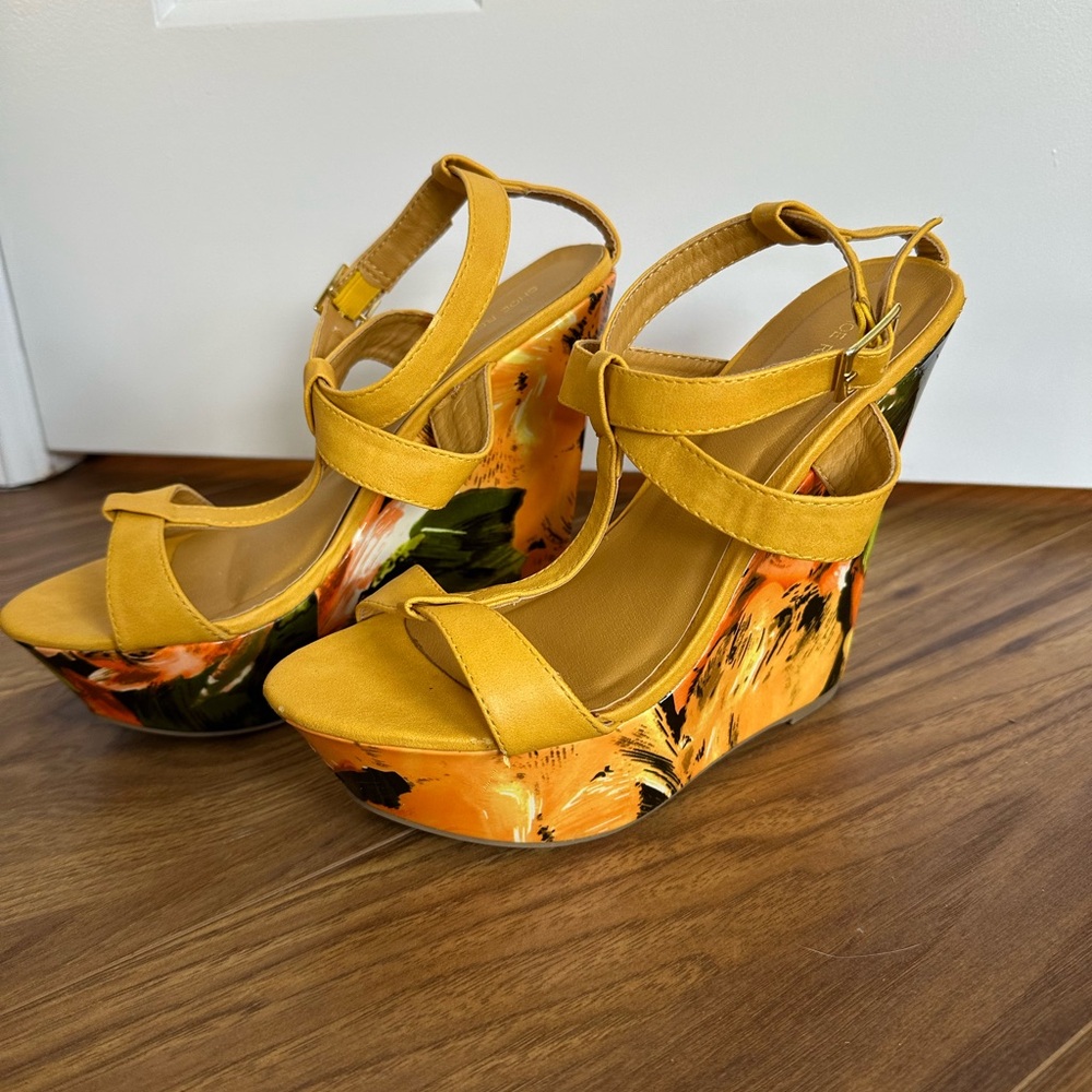 Shoe Republic LA Mustard Yellow Floral Wedge Sandals
